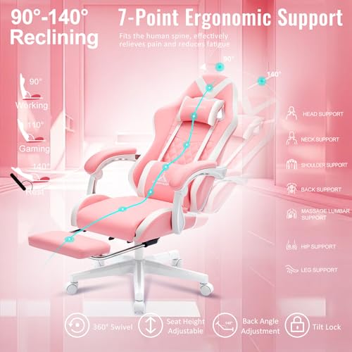 Image of Gaming Chair,Ergonomic Massage Office Desk Chair with Footrest,Pink | Pocket Spring Cushion,Reclining,Thick High Back,Headrest and Lumbar Support,Adjustable Leather Computer Chair Gamer Chair