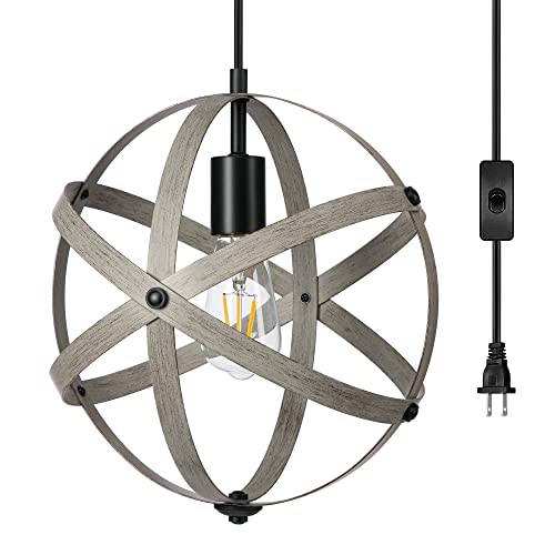 Dewenwils Plug In Pendant Hanging Light, Oak Wood Grain, Industrial Metal Globe Ceiling Light Fixture With 15Ft Cord And On/Off Switch For Kitchen Island, Bedroom, Dining Hall, Entryway #TOP29