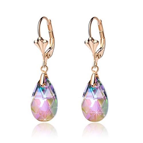 Austrian Crystal Teardrop Leverback Dangle Earrings for Women Fashion 14K Gold Plated Hypoallergenic Jewelry (Rainbow)