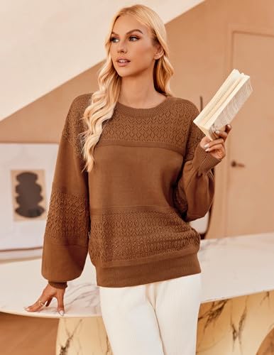 Womens Sweaters for Fall Trendy Crewneck Casual Long Sleeve Crochet Hollow Knit Pullover2