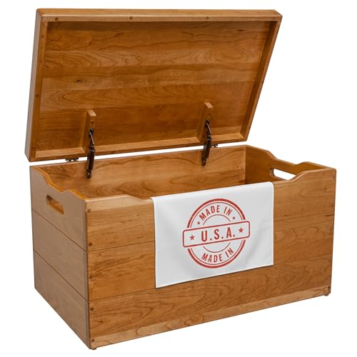 Image of Amish Made Wooden Storage Chest Trunk Box with Lid and Handles for Bedroom, Blanket, Clothes, Anti-Slam Hinges, Handmade, Rustic Cherry Wood, Fruitwood Stain, 42 inch
