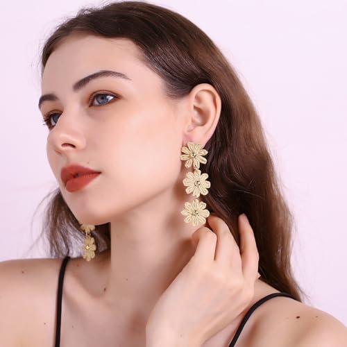 Raffia Daisy Flower Earrings, Raffia Straw Wrapped Daisy Drop Dangle Earrings Summer Tropical Beach Jewelry4