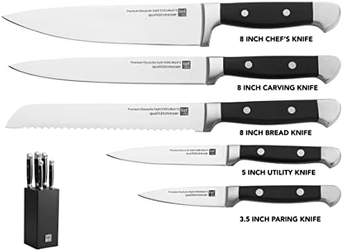 Lief + Svein German Steel Knife Block Set, 5-Piece Kitchen Knife Set with Block. German Stainless 1.4116 Steel. Unique Kitchen Knives. Ideal Modern Décor Black Knife Sets with Block.
