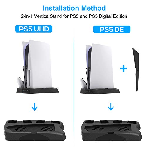 Vertical Stand with Cooling Fan for PS5 Console and PS5 Digital Edition, YUANHOT Charging Station Dock with Dual Controller Charger Ports and Retractable Game Storage for PS5 and DualSense - Black - Thumbnail 5