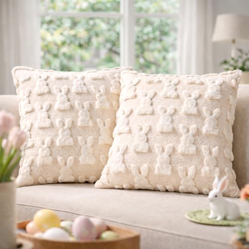 AONSOULE Easter Pillow Covers 18x18, 2Pcs Soft Beige Bunny Pillow Covers with Hidden Zipper, Easter Home Decorations Cute Spring Home Decors for Sofa Bedroom
