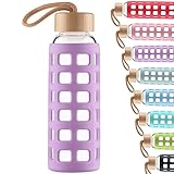 Cleesmil Sports Glass Water Bottle with Silicone Sleeve with Bamboo Lid BPA Free 660 ml (Violet)