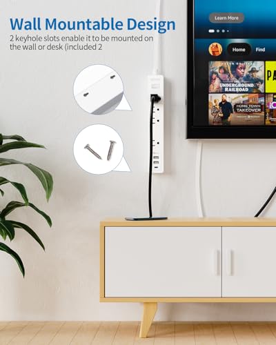 Extensión plana NTONPOWER 15 ft, cable ultra delgado con 4 tomas, 2 USB A + USB C, protección contra sobrecarga, blanco miniatura 5