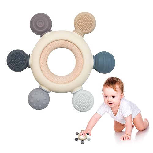 Image of Baby Teething Toys Silicone Chewable Teethers BPA Free Silicone Rudder with Removable Wooden Ring for Soothing Babies Gums Teethers for Babies 0-24 Months