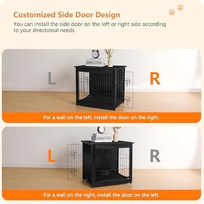 DWANTON Dog Crate Furniture with Cushion, Wooden Kennel Table with Double Doors, Indoor Dog House, Small/Medium/Large Size, 27.2 L, Black