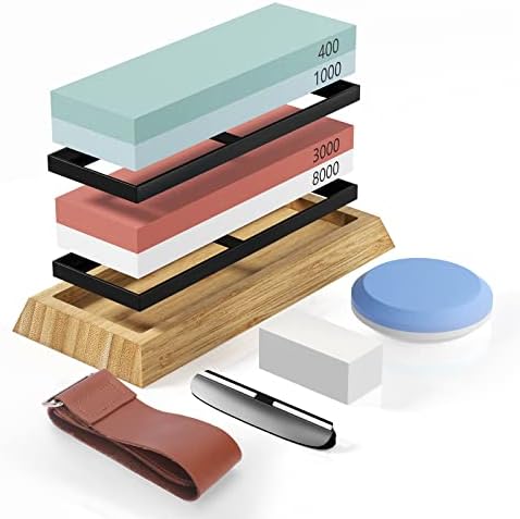 Whetstone Knife Sharpening Stone 4 Side Grit 400/1000 3000/8000 Waterstone, Whetstone Knife Sharpener, Sharpening Stone Whetstone Set with Bamboo Base, Flatting Stone, Angle Guide & Leather Strop