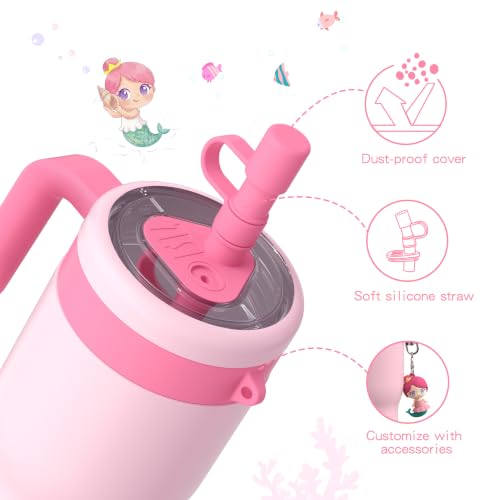 Image of OISIZ 14oz Kids Tumbler with Straw Lid & Handle,Kids Cup with Animal Accessory for School,Kids Water Bottles with Dust-proof Cover,Leakproof Water Bottles,316 Stainless Steel,Keep Cold 24 Hours-pink