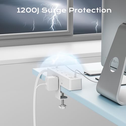 Image of Flat Plug Desk Clamp Power Strip 10FT, 40W Total Fast Charging Station, 2 PD20W USB C Ports, Desk Edge Mount Power Strip 9 AC Outlets 8 USB Ports Surge Protector, Fit 1.7 inch Tabletop Edge, White