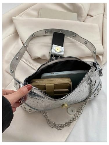 Women's Metallic Zipper Buckle Shoulder Handbags Chain Square Underarm Hobo Bags Purse3