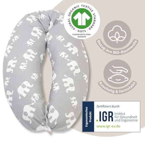 HOBEA-Germany Stillkissen 190 cm x 76 cm XXL Lagerungskissen Schwangerschaftskissen für Baby und Erwachsene Seitenschläferkissen Stillkissen mit Bezug aus Bio Baumwolle, Waffelmuster Taupe