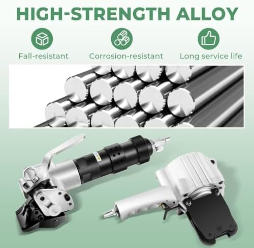 Portable Pneumatic Steel Strapping Machine, 3-in-1 Tensioner Cutter Sealer Tool Kit, Heavy-Duty Metal Banding Set for Efficient Bundling, Packaging