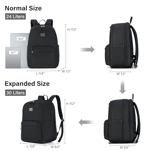 Hanke Expandable Laptop Backpack for Women and Men, 24L-30L Travel Backpack, 15.6 Inch College Laptop Bookbag for Work, Water Resistant Carry On Personal Item Bag, Black — view 3
