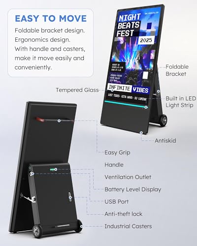 Image of HARZHI 43 Inch Outdoor Digital Signage Display, Portable LCD Kiosk, IP65 Waterproof, 2000nits High Brightness, Auto Brightness Adjustment, Rechargeable