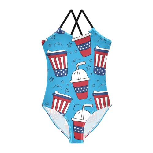 Girls One Piece Swimsuits Amrican Colors Coffee Cups Pattern Sport Halter Swimwear Beach Bathing Suit,7-8T