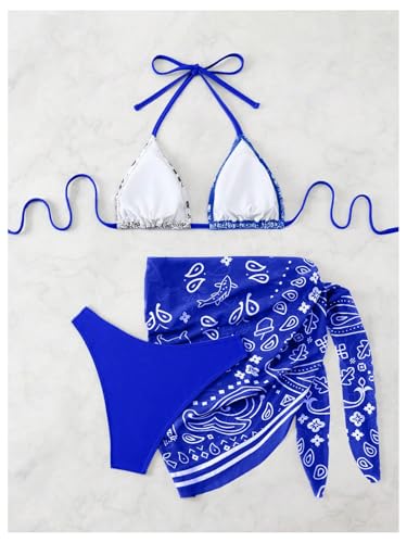 SOLY HUX Bathing Suit for Women 3 Piece Paisley Print Halter Triangle Bikini Sets Swimsuit with Beach Skirt2