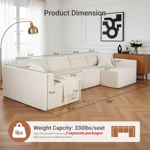 Image of Claiks 128 inch Modular Boneless Couch, Sectional Couches for Living Room, Modern Cloud Sofa with Double Chaise, No Assembly Required, Beige