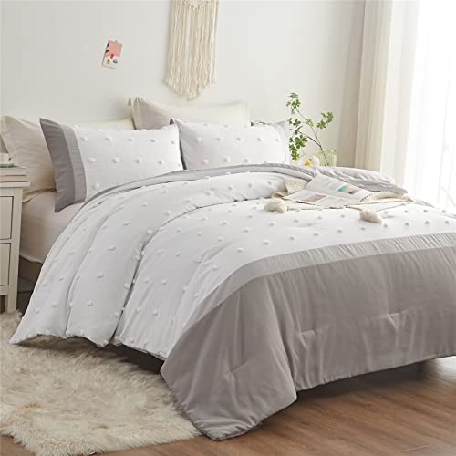Kakki Tufted Pom Pom Comforter Set Full/Queen Size For Boys Girls Kids Teen, Light Grey And White Patchwork Striped Jacquard Comforter, 3Pc Soft Microfiber Bedding Set For All Season(Grey,Queen) #TOP1