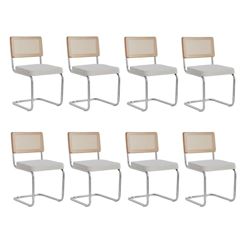 BenyLed Lot de 8 Chaises de Salle à Manger en Velours avec Pieds en Métal Chromé ; Chaises de Cuisine Modernes avec Dossier en Bois Massif de Rotin (Blanc-...