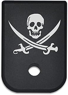 BASTION Magazine Base Plate Butt for Glock 19 17 22 23 26 | Gen 1-5 | 9mm .40 .357 .45 Gap | Laser Engraved Black T6 Machined Aluminum Mag Floor Baseplate Bottom (Pirate) - BASTION