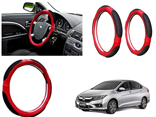 Image of Microfiber Car Steering Wheel Cover, Soft Padding Great Hand Feel, Anti-Slip, Faux Leather Steering Cover for Honda City 2020 | Black Red Jali - Pack of 1