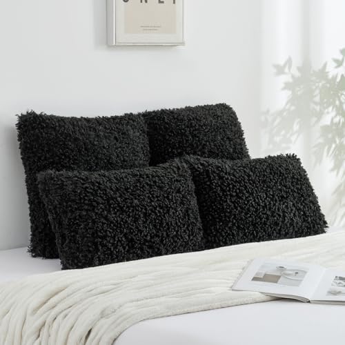 FUTEI Black Decorative Throw Pillow Covers 26x26 Inch Set of 2,Soft Fluffy Faux Wool Fur Boucle Textured Euro Pilllow Sham,Modern Home Decor for Couch Bed Living Room Office