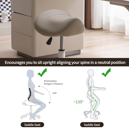Image of FIRAVOE Saddle Stool, Swivel Saddle Stool with Wheels, Adjustable Rolling Stool 18 inch-26 inch, Faux Leather Rolling Stool for Salon, Massage, Clinic, Lab, Office (Light Grey, 1PCS (18 inch-26 inch))