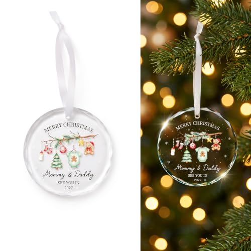 WomYoks 1 PC Pregnancy Ornament 2026, Baby Announcement Glass Keepsake Hanging Ornament, Glass Print with Ribbon & Gift Box, Universal for Christmas Tree Wreath Mantel Mirror (Transparent #B1）