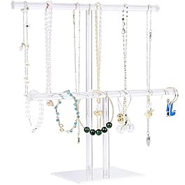Jewelry Stand Necklace Holder, Acrylic Jewelry Display Holder, Necklace and Bracelet Hanging Organizer, Clear 2-Tier Tower Stand for Bangles, Necklaces, Bracelets, Rings, Earrings and Watch