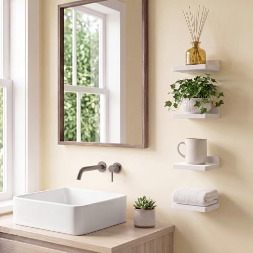 Image of Fixwal Small Floating Shelves for Wall Decor (5Inch, Wood, White, Set of 4) | Rustic wood shelf for displaying mini frames, plants, collectibles. Fits bedroom, living room, bathroom, kitchen, or office.