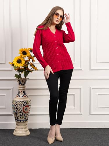 Image of Women's Winter Woolen Cardigan | Full Sleeve Textured Buttoned Sweater for Women | Soft Wool V-Neck Warm Knitted Outerwear for Office & Casual Wear