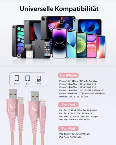 Aioneus iPhone Ladekabel, Lightning Kabel [2Pack 2M] MFi Zertifiziert iPhone Kabel Nylon Fast USB Ladekabel für iPhone 14/14 Pro Max/13/13 Pro/12/12 mini/11/XS/XS Max/XR/X/8/8 Plus/7/7/6s/6/5s/SE 6