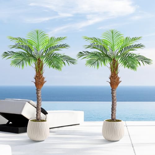 Image of 5ft Artificial Phoenix Palm Tree for Outdoor Indoor Decor, Faux Coconut Silk Palm Tree Tropical Fake Tree Plant for Outside Patio Indoor Home Office Bathroom Pool Coastal Decor (Set of 2)