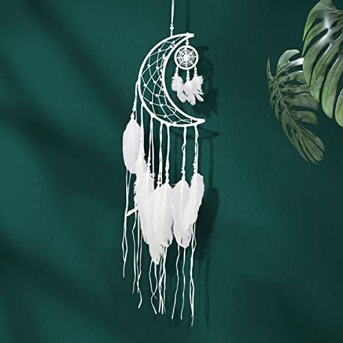 ZDNT Blanc Attrape-Rêves,Plume Blanche Decoration,Faite Main Capteur de Rêves avec Plumes,Attrape Reve Geant,Dreamcatcher Demi Cercle Lune pour Ornement Suspendue Chambre Cover