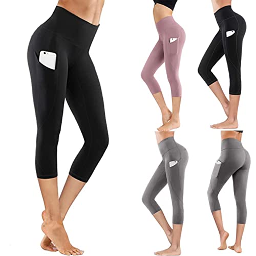 High Waist Yoga Leggings With Pockets Tummy Control Workout Running 4 Way Stretch Yoga Pants Slim Comfy Athletic Pants Black #TOP22