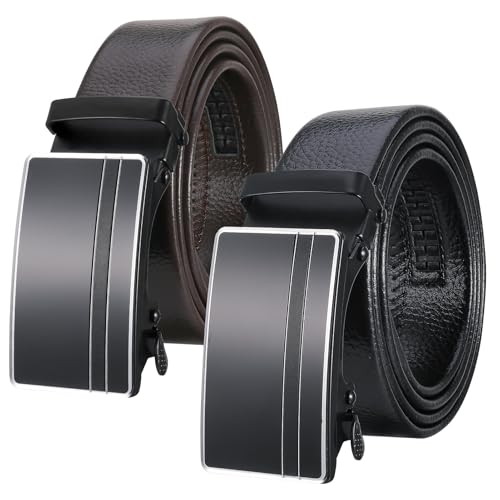 patinadrift Gürtel Herren Leder, 2 Stück Herren-Gürtel Automatik Herrengürtel Ratschengürtel Ledergürtel Schwarz Braun Hosengürtel Ohne Löcher für Männer Anzug Jeans Hose Freizeit Business