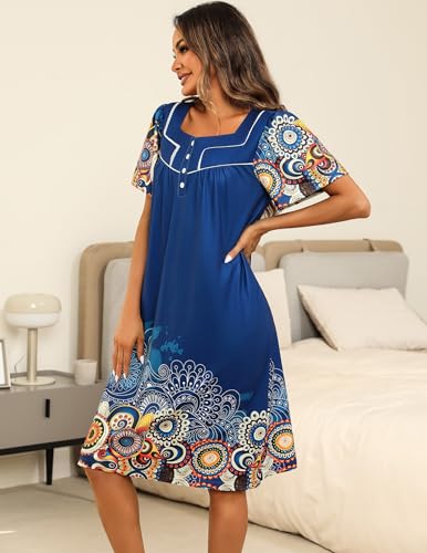 Image of Ekouaer Women's House Dress with Pocket Button Mumus | Short Sleeve Nightgown, Floral Print Mumu Dresses, Square Casual Sleepwear, Boho Roomy Housecoat, Plus Size Soft Sleepwear