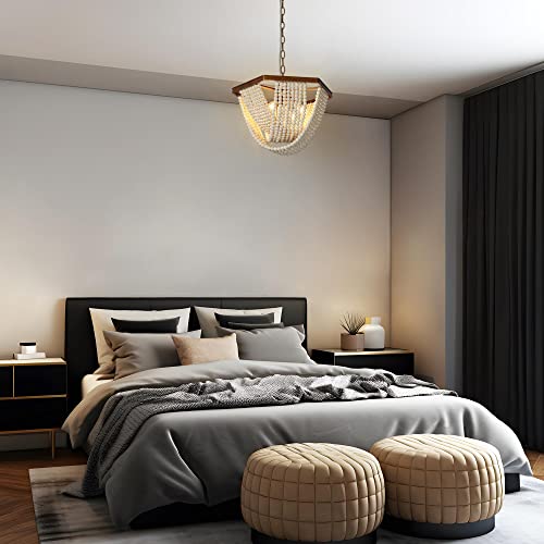 Beaded Chandelier, Gold Wood Chandelier Light Fixture With White Bead, Modern 4 Light Boho Hanging Lights For Dining Room, Living Room, Antique Gold #TOP3