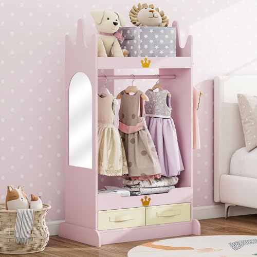 FTZxHKLX Kids Dress Up Storage with Mirror, Kids Open Hanging Armoire & Costume Storage Dresser, Costumes Wardrobe Closet for Bedroom, Nursery, Preschool, Pink