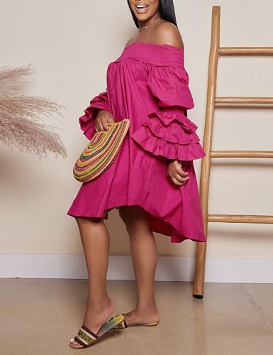 Image of WOKANSE Party Dresses for Women Off Shoulder Layered Flare Sleeve A line Ruched Plus Size Midi Summer Dress