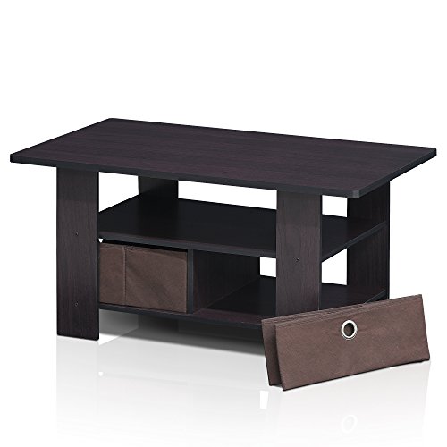 Image of Furinno Andrey Coffee Table with Bin Drawer, Dark Walnut | 2x Bin Drawers, Soft-Corner, Rectangular Side Table for Living Room, Bedroom, Home Office