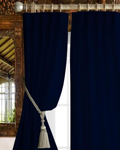 Image of Triple Pinch Pleated Blackout Curtains Thermal Insulated Room Darkening Curtains for Bedroom /Livingroom Pack of 2 Panels, Tiebacks, Hooks (Navy Blue)