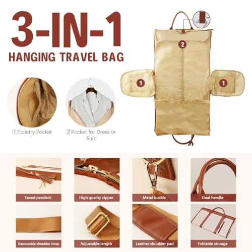 Image of Leather Garment for Garment Bags for Travel,Convertible Carry on Large Duffle Bags with Suit Compartment|Convertible Hanging Suitcase Suit Garment Bag for Men and Women|Shoe Pouch(Beige)