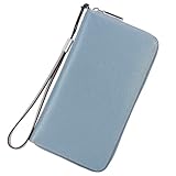 Lavemi Women's RFID Blocking 100% Leather Large Capacity Zip Around Wallet Phone Holder Clutch Travel Purse Wristlet(Large Size Light Blue)