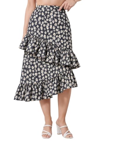 Image of OOMPH! Women Floral Printed Asymmetric Ruffled Midi Skirt | Elegant Flowy Fit | Mid-Rise | Lightweight & Breathable | Flared Hem | Summer Casual Skirt