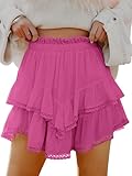 Caracilia Women Summer Flowy Mini Skirts Built in Shorts Casual Boho Ruffle Cute Tennis Skorts 2026 Beach Vacation Clothes Hot Pink Medium