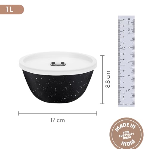 Image of Borosil 1 L Serving & Mixing Bowl with Lid | Made in India Borosilicate Glass Bowl for Kitchen & Dinning | Bowl for Mixing Dough, Salad, Batter | Microwave & Dishwasher Safe (Pebble Black)